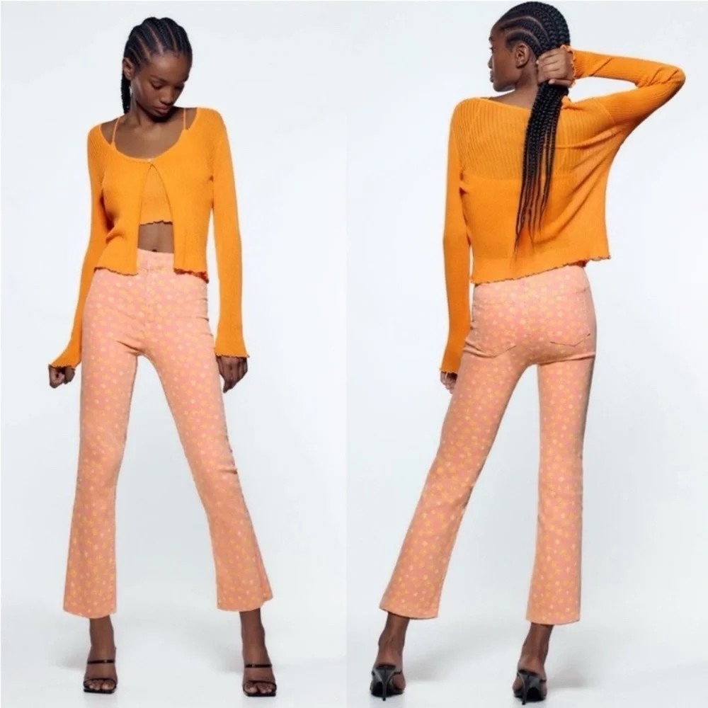 🌸 ZARA PINK YELLOW FLORAL HIGH WAIST CROPPED FLARE LEG JEANS! - Picture 11 of 15